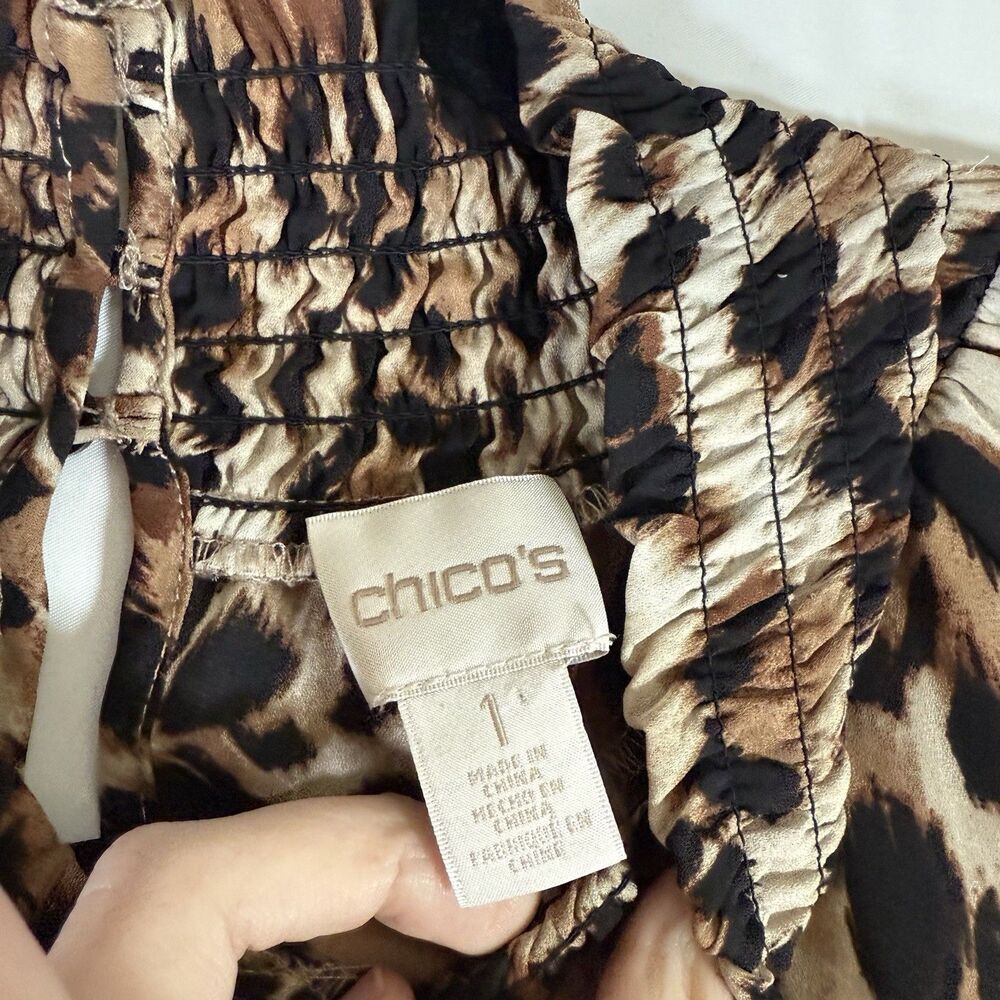 Chico's Blouse Women's Medium Brown Cheetah Print High Neck Lightweight Long Slv - Picture 6 of 11